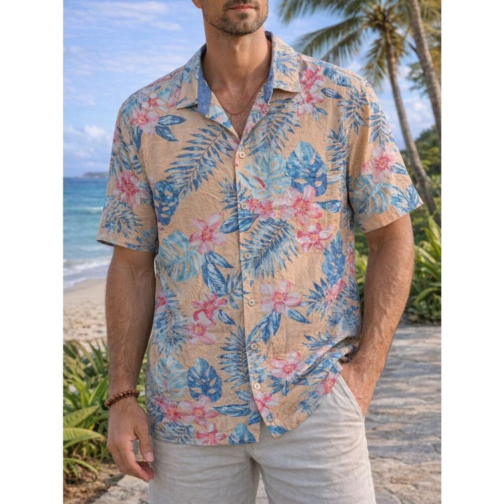 Tommy Bahama Nova Wave Tropical Floral Camp Shirt Peach Blue Men’s XL
